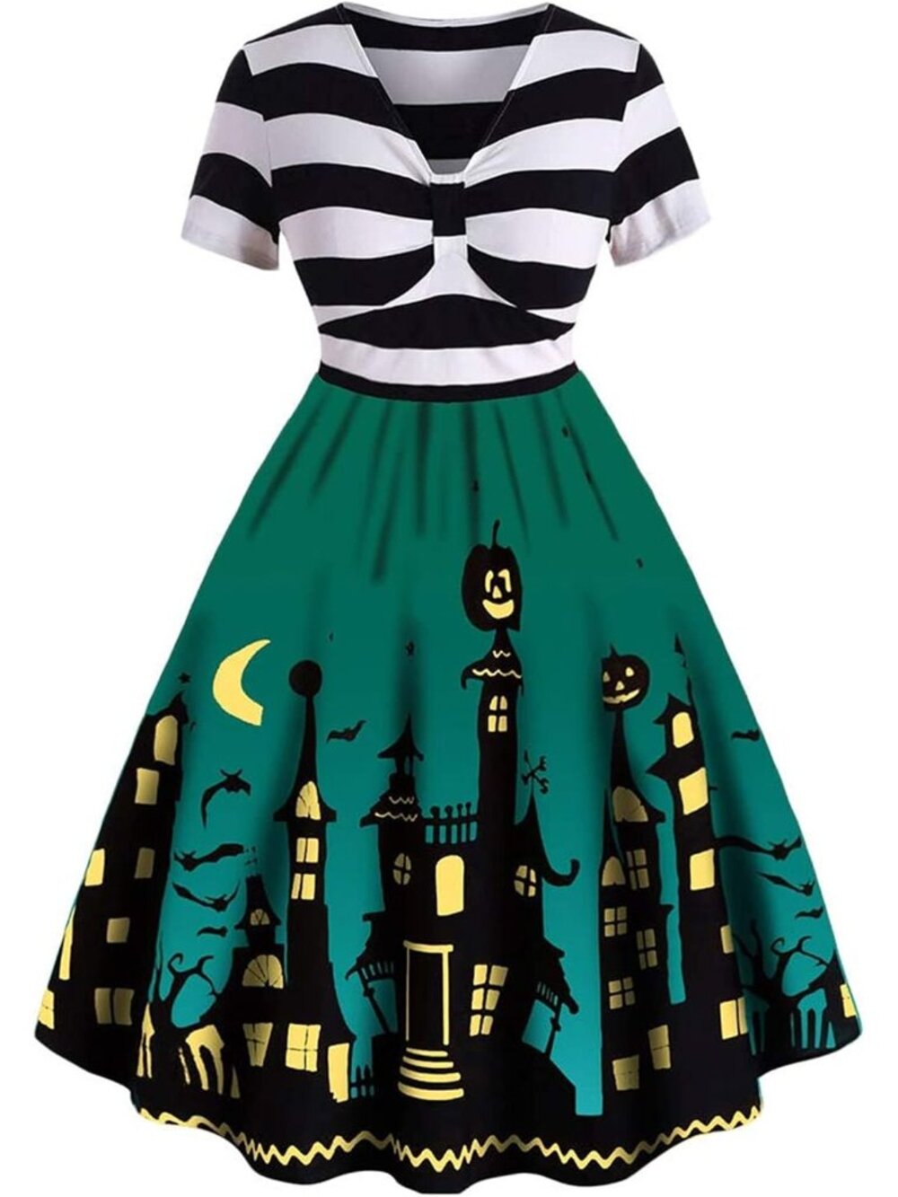 🎃Women's Green Funny Striped A-line V Neck Short Sleeve Halloween Dresses